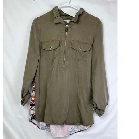 John Mark Women's Size Small Tan 1/4 Zip Long Sleeve Boho Print on Back Shirt - Picture 1 of 6
